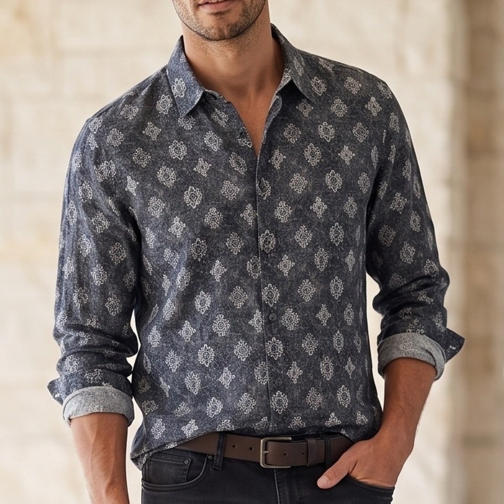 John Varvatos Button Up Shirt Mens XL Long Sleeve 100% Linen Blue Print